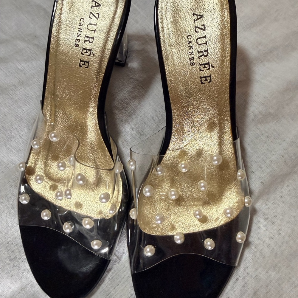 Azuree Cannes Black and Gold Pearl Embellished Heels